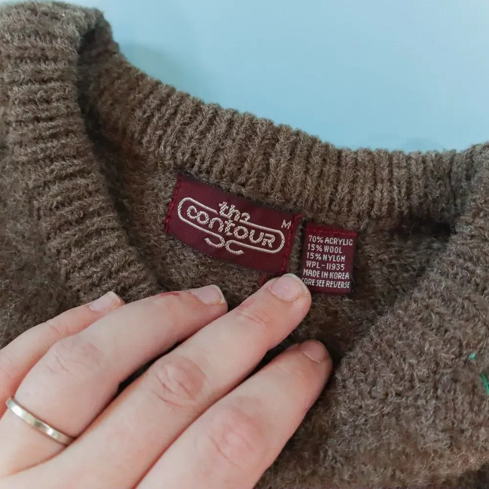 Vintage The Contour Wool Blend Fair Isle Brown Knit Crewneck Sweater Size Medium